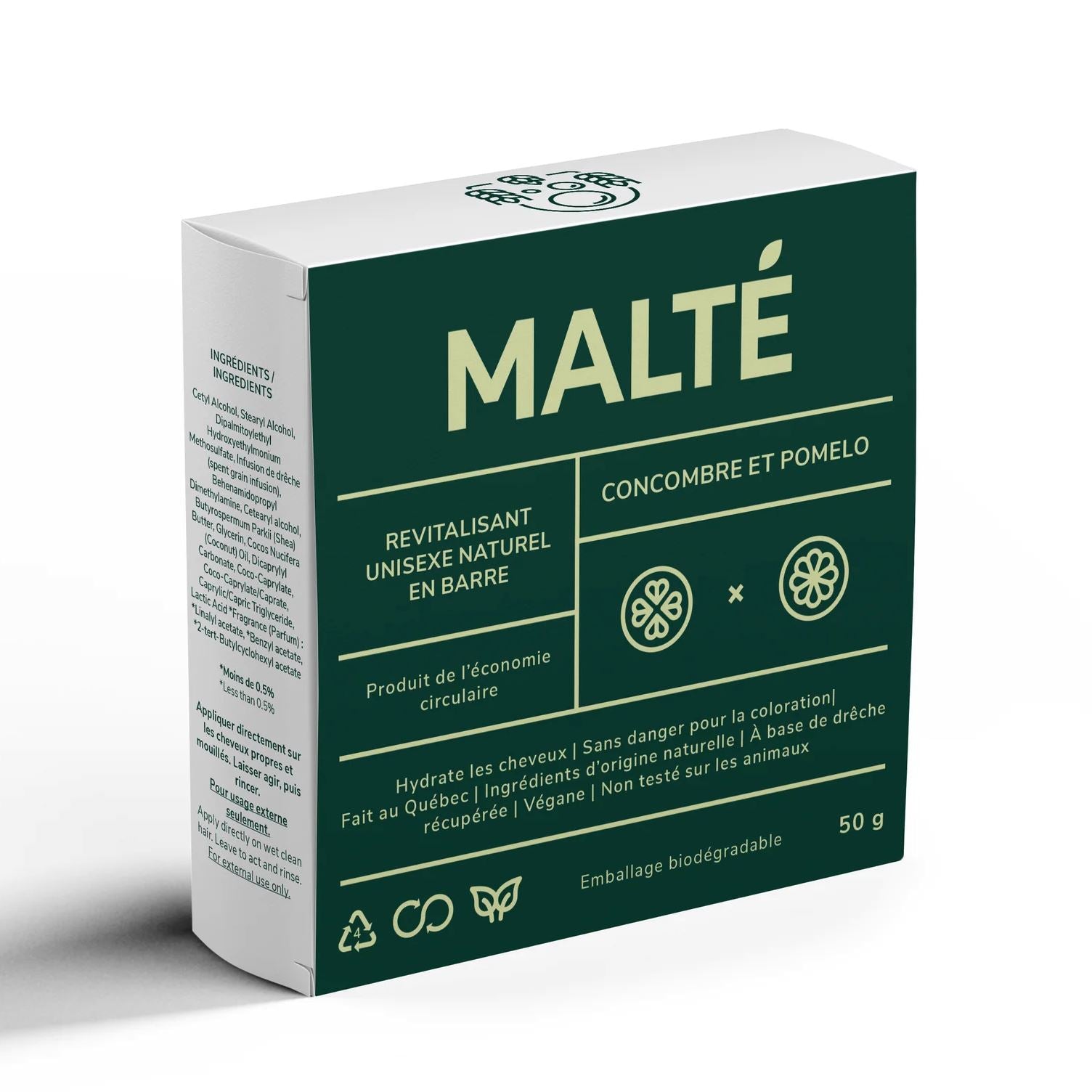 Boite de carton vert foncé avec texte "Malté. Revitalisant unisexe naturel en barre. Concombre et pomelo. À base de drêche" en vert lime. Fond blanc.