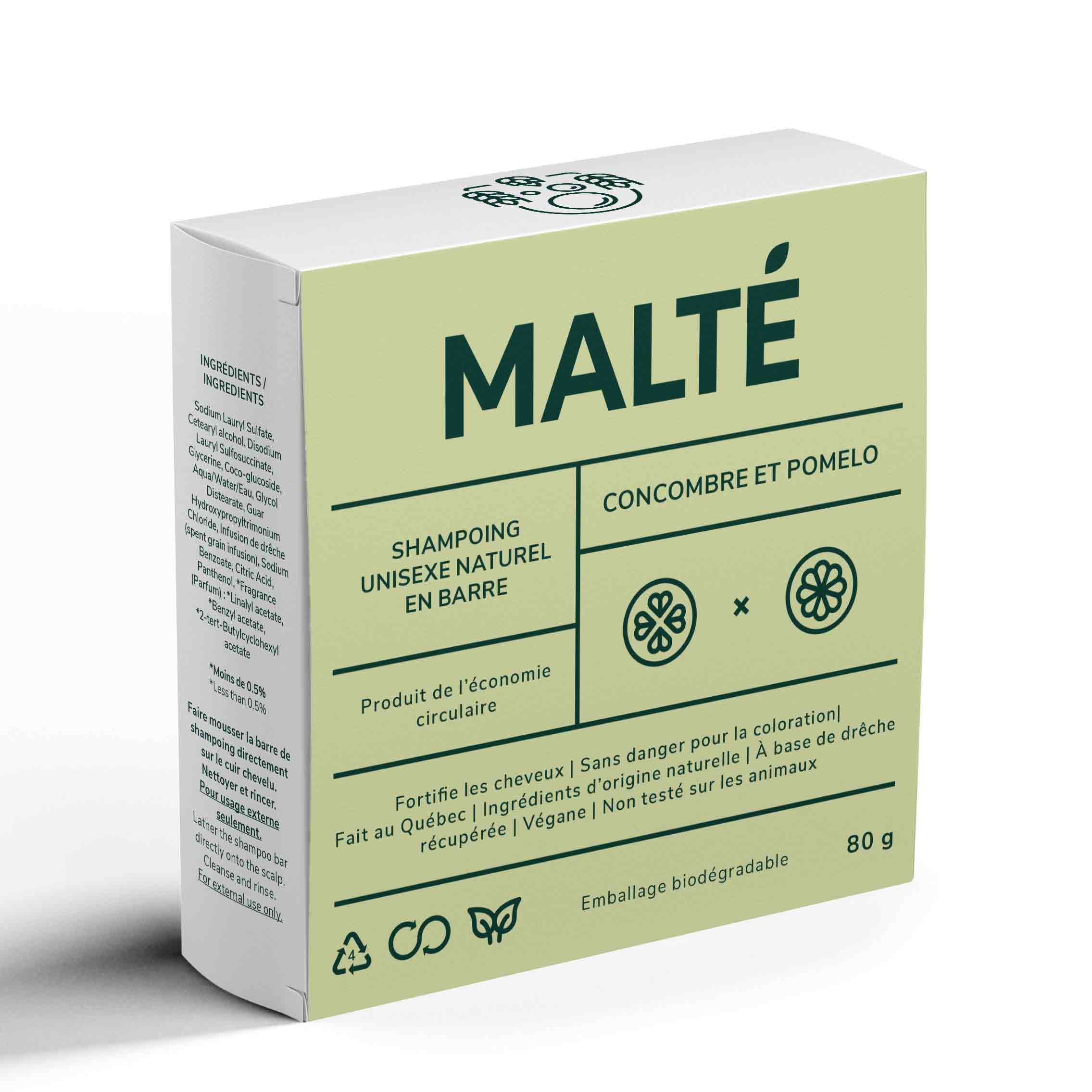 Boîte de carton vert lime avec écriture "Malté. Shampoing unisexe naturel en barre. Concombre et pomelo. À base de drêche." Fond blanc.